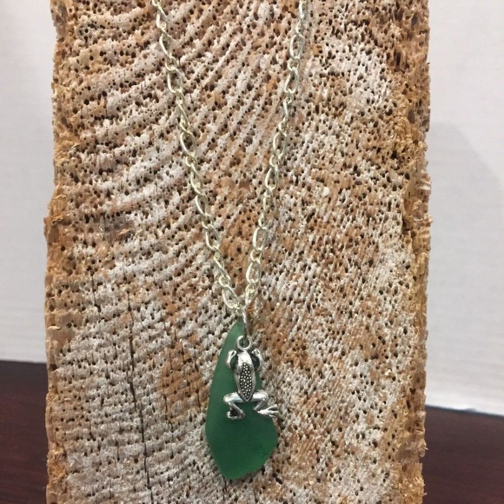 Frog Lovers with Green Sea Glass silver necklace